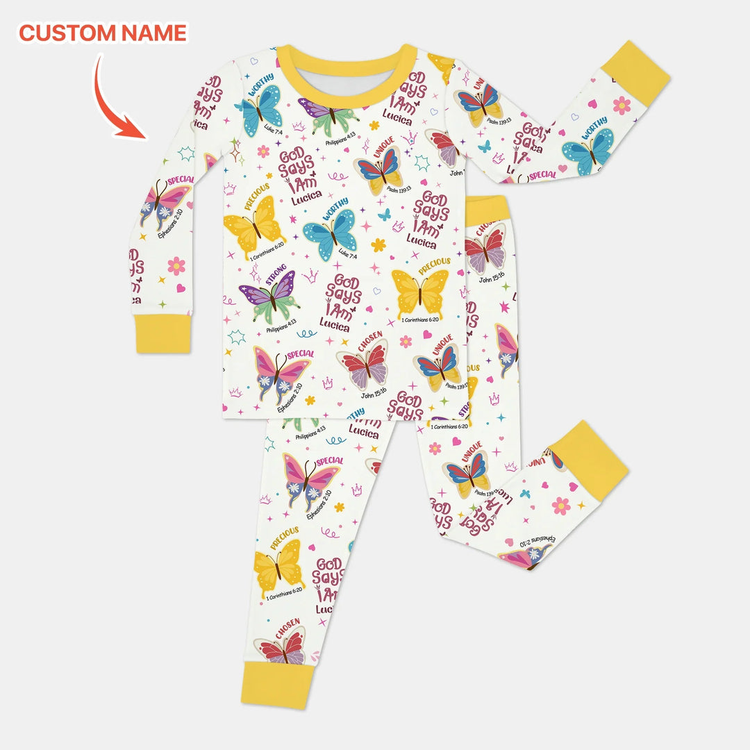God Says I Am Custom Name Girl Two Piece Long Sleeve Pajama Set - Zumbamboo