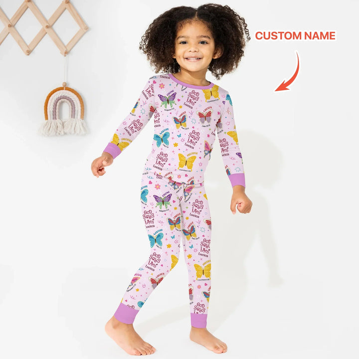 God Says I Am Custom Name Girl Two Piece Long Sleeve Pajama Set - Zumbamboo