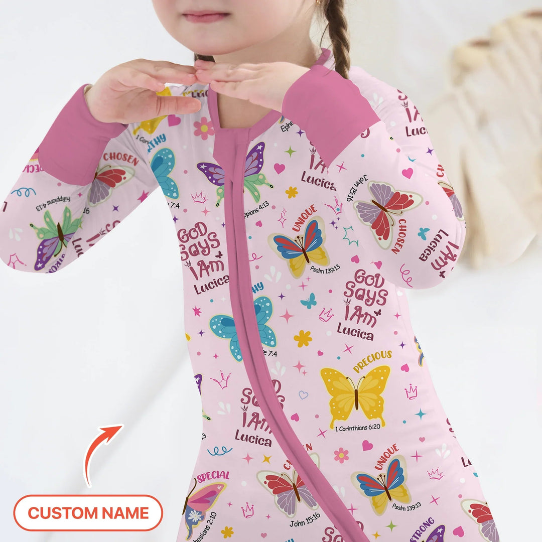 God Says I Am Custom Name Girl Two Piece Long Sleeve Pajama Set - Zumbamboo
