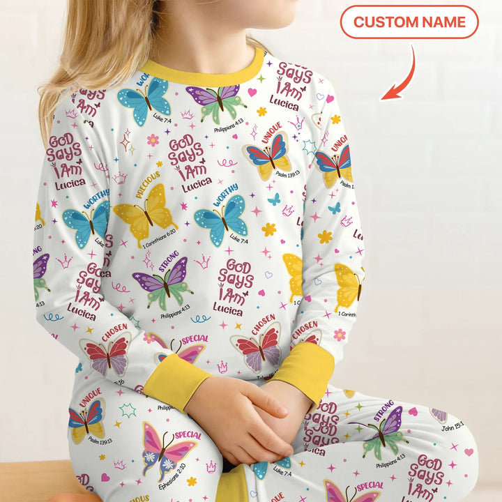 God Says I Am Custom Name Girl Two Piece Long Sleeve Pajama Set - Zumbamboo