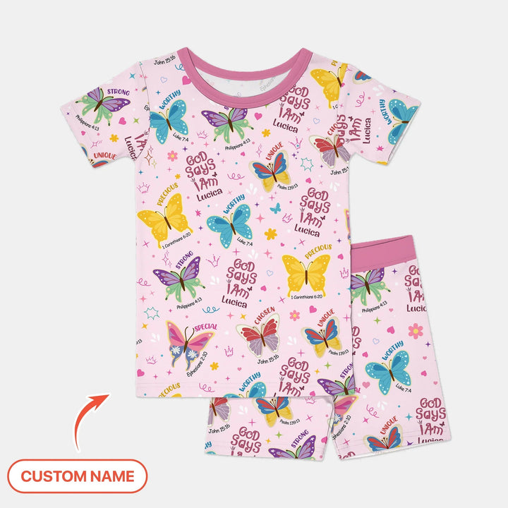 God Says I Am Custom Name Girl Two Piece Short Sleeve Short Pajama Set - Zumbamboo