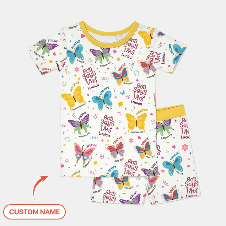 God Says I Am Custom Name Girl Two Piece Short Sleeve Short Pajama Set - Zumbamboo