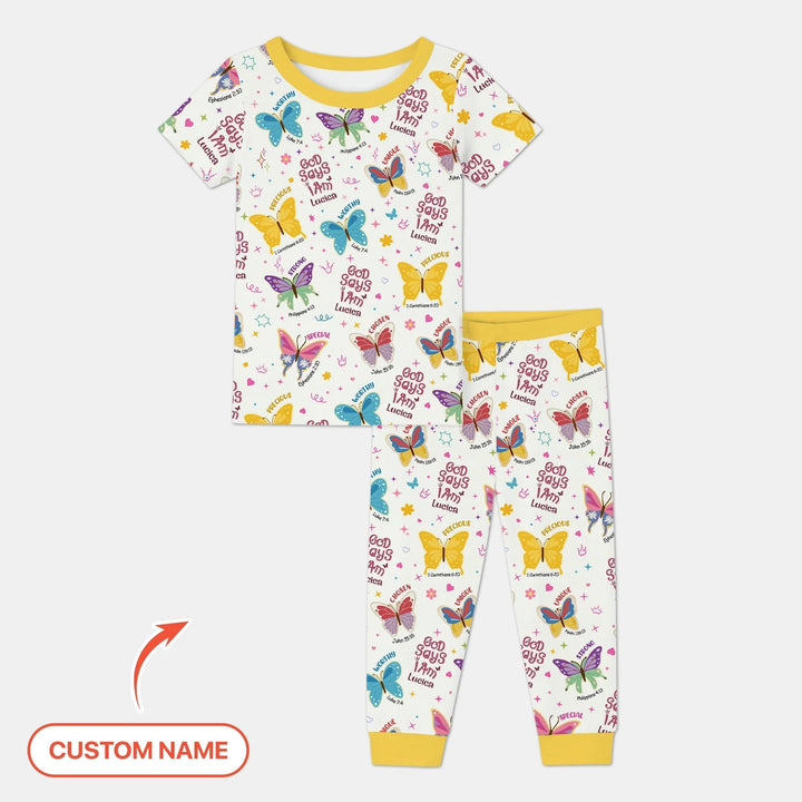 God Says I Am Custom Name GirlTwo Piece Short Sleeve Pajama Set - Zumbamboo