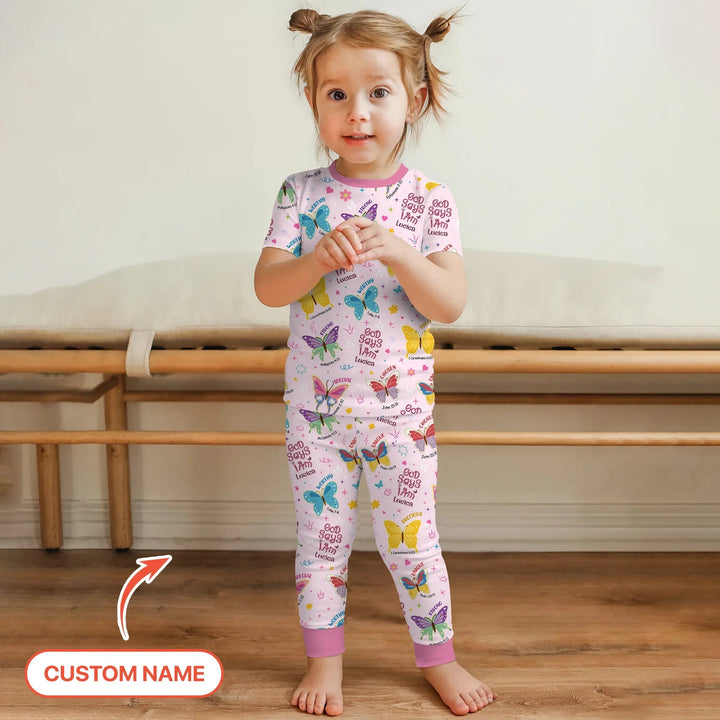 God Says I Am Custom Name GirlTwo Piece Short Sleeve Pajama Set - Zumbamboo