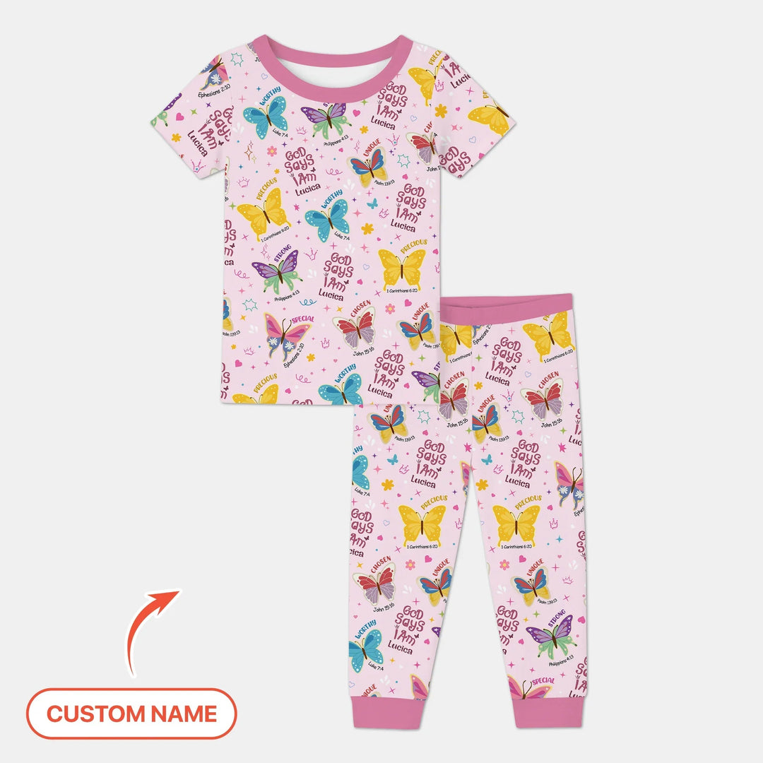 God Says I Am Custom Name GirlTwo Piece Short Sleeve Pajama Set - Zumbamboo