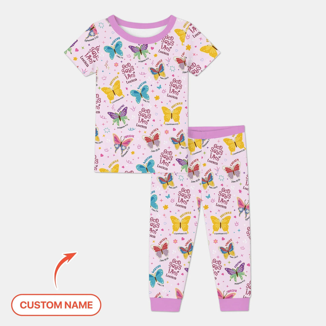 God Says I Am Custom Name GirlTwo Piece Short Sleeve Pajama Set - Zumbamboo