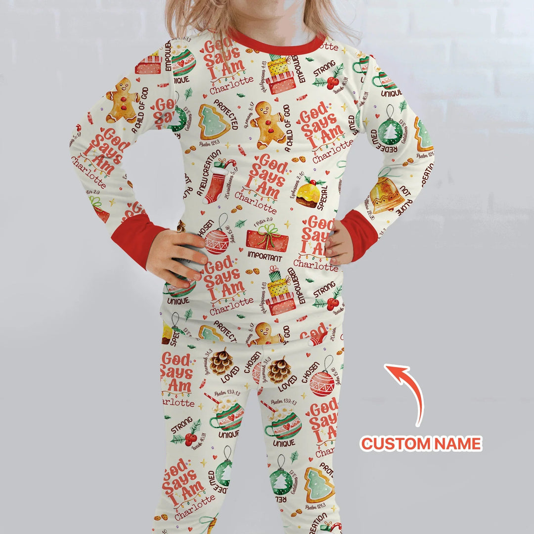 God Says I Am Custom Name Joyful Christmas Two Piece Long Sleeve Pajama Set - Zumbamboo