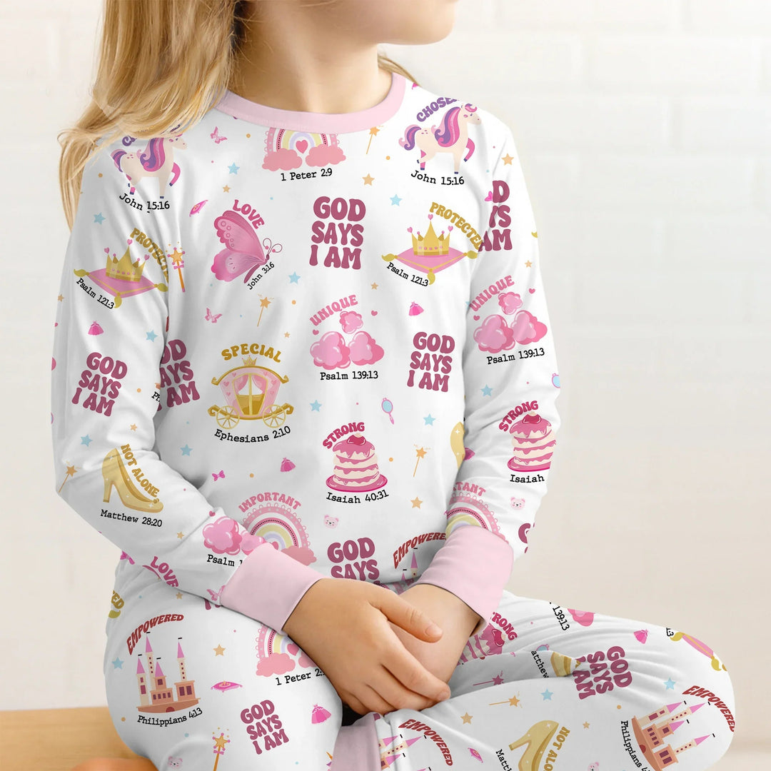 God Says I Am Girl Two Piece Long Sleeve Pajama Set - Zumbamboo