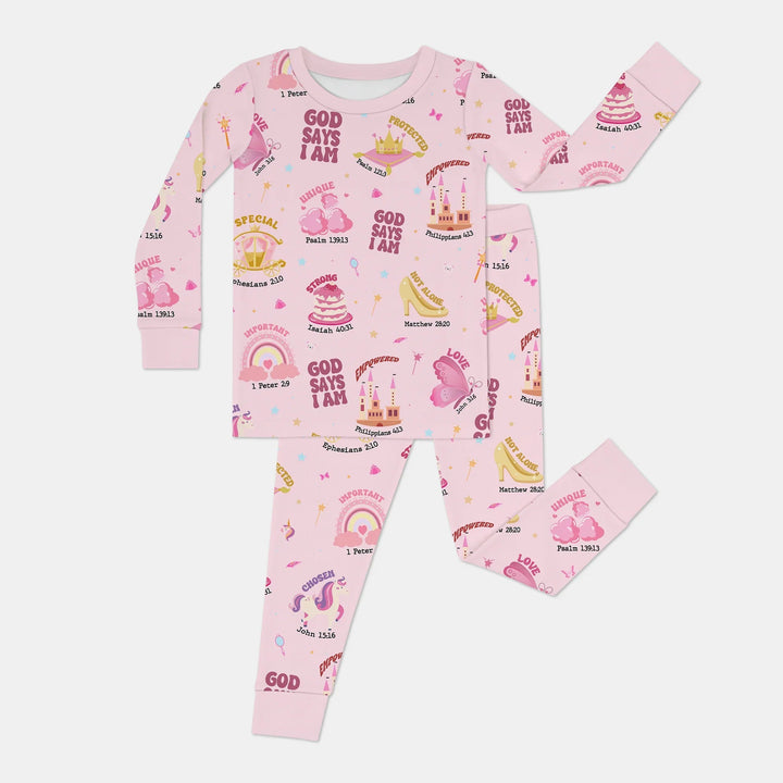 God Says I Am Girl Two Piece Long Sleeve Pajama Set - Zumbamboo