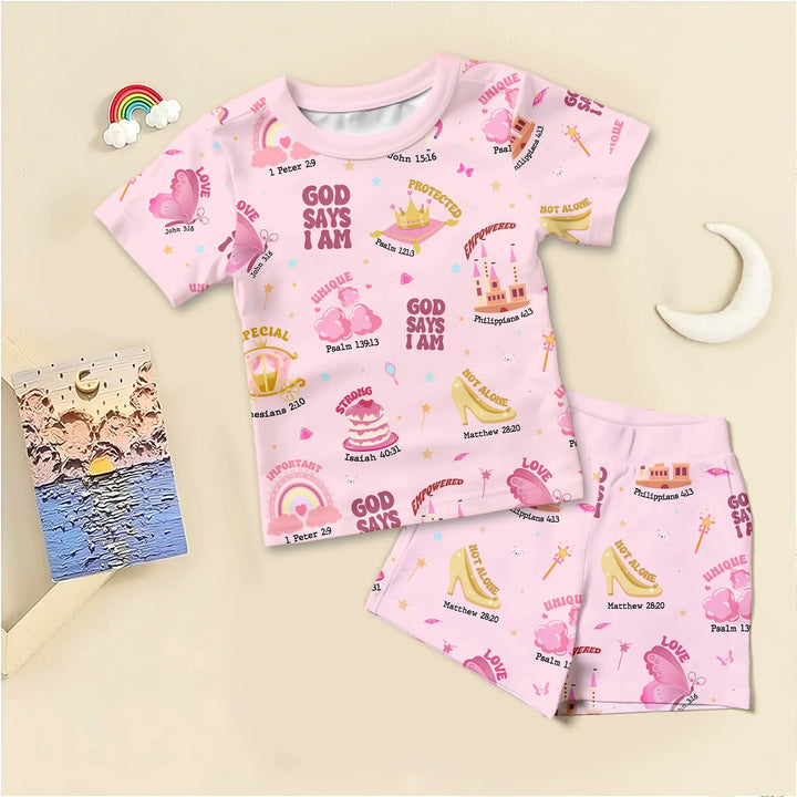 God Says I Am Girl Two Piece Short Sleeve Shorts Pajama Set - Zumbamboo