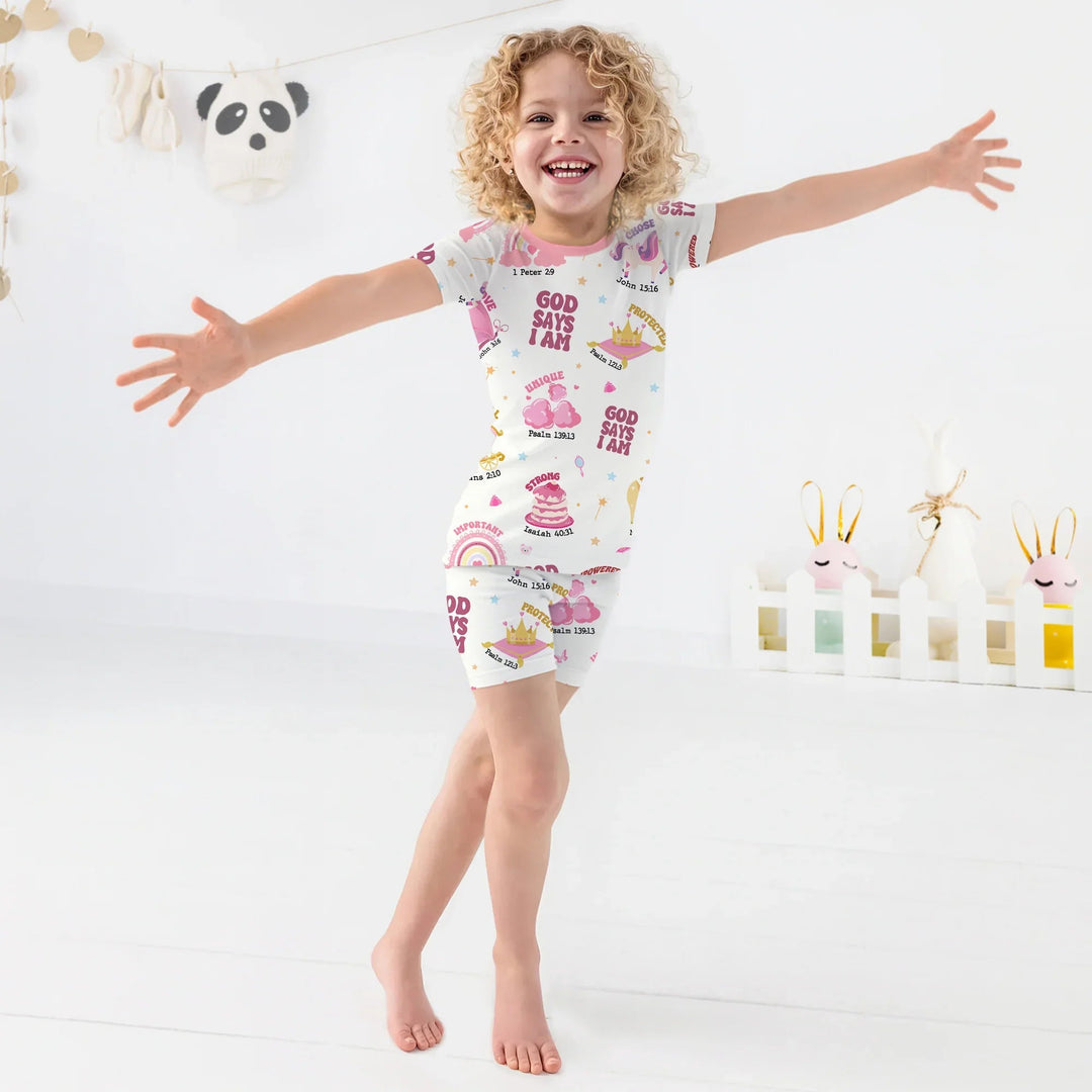 God Says I Am Girl Two Piece Short Sleeve Shorts Pajama Set - Zumbamboo