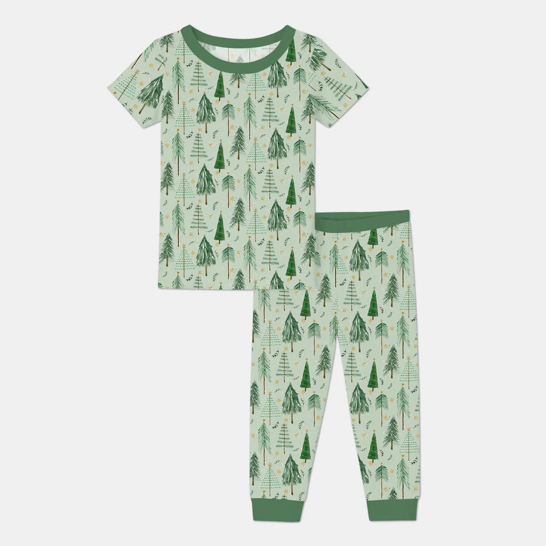 Green Christmas Tree Farm Two Piece Short Sleeve Pajama Set - Zumbamboo