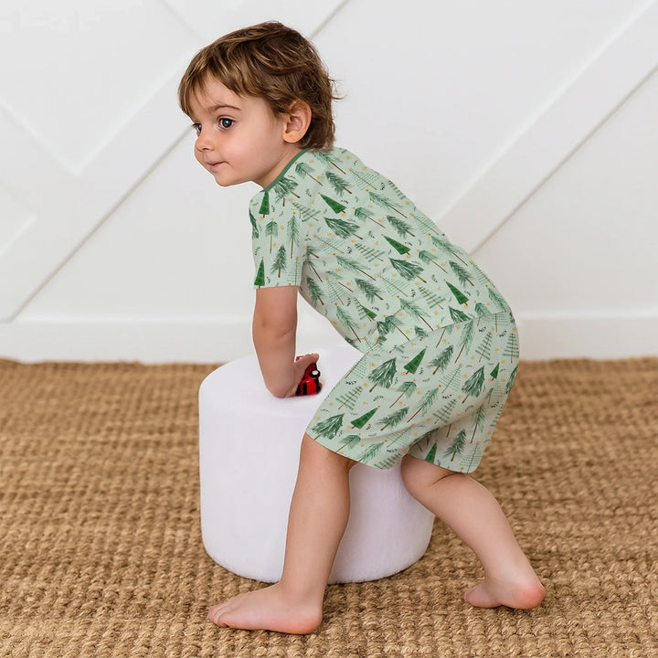 Green Christmas Tree Farm Two Piece Short Sleeve Shorts Pajama Set - Zumbamboo