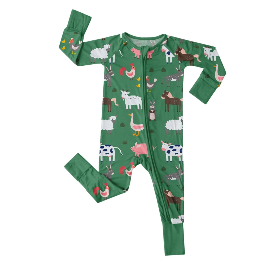 Green Farm Animals Convertible Zippered Romper - Zumbamboo