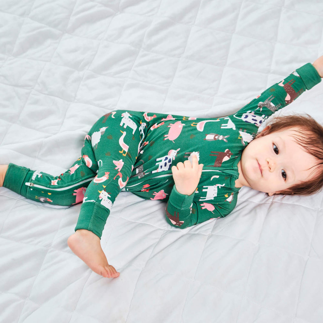 Green Farm Animals Convertible Zippered Romper - Zumbamboo