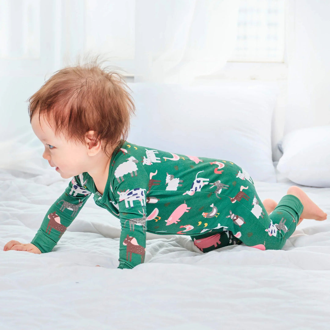 Green Farm Animals Convertible Zippered Romper - Zumbamboo