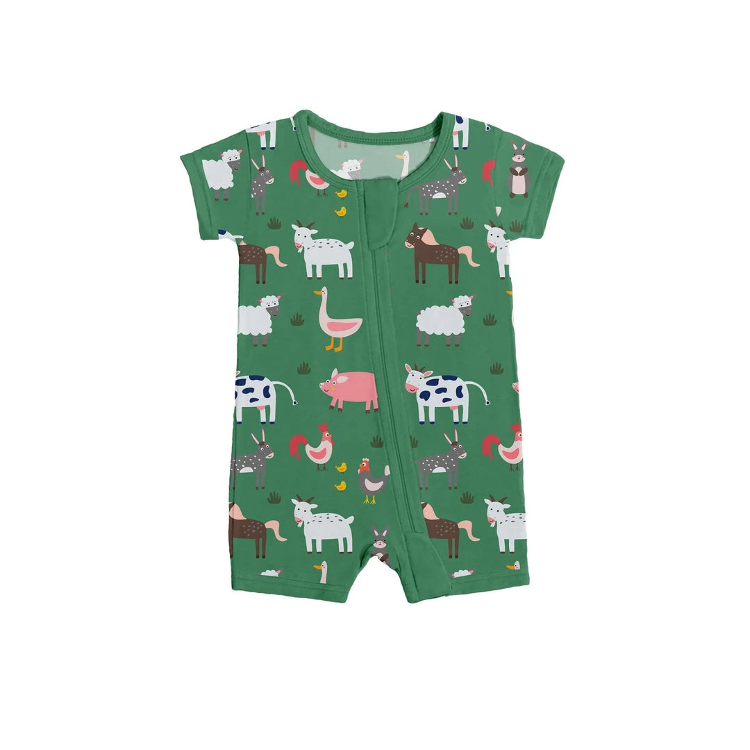 Green Farm Animals Shorty Zippered Romper - Zumbamboo