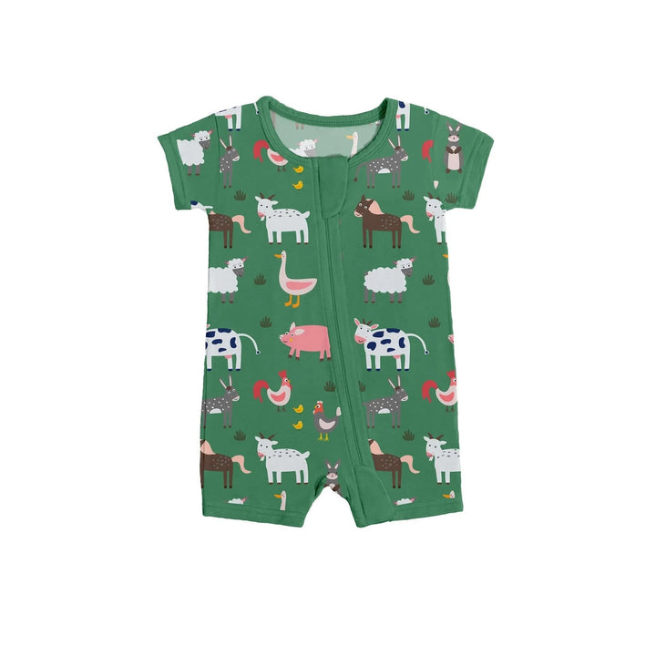 Green Farm Animals Shorty Zippered Romper - Zumbamboo