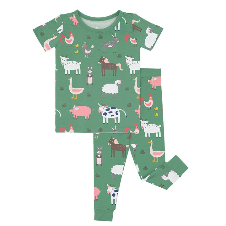 Green Farm Animals Two Piece Short Sleeve Pajama Set - Zumbamboo
