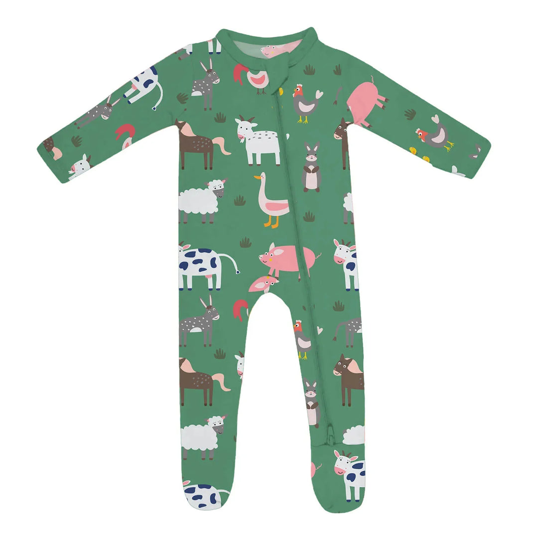 Green Farm Animals Zippered Footie Romper , Green Farm Animals Zippered Footie Romper - Newborn