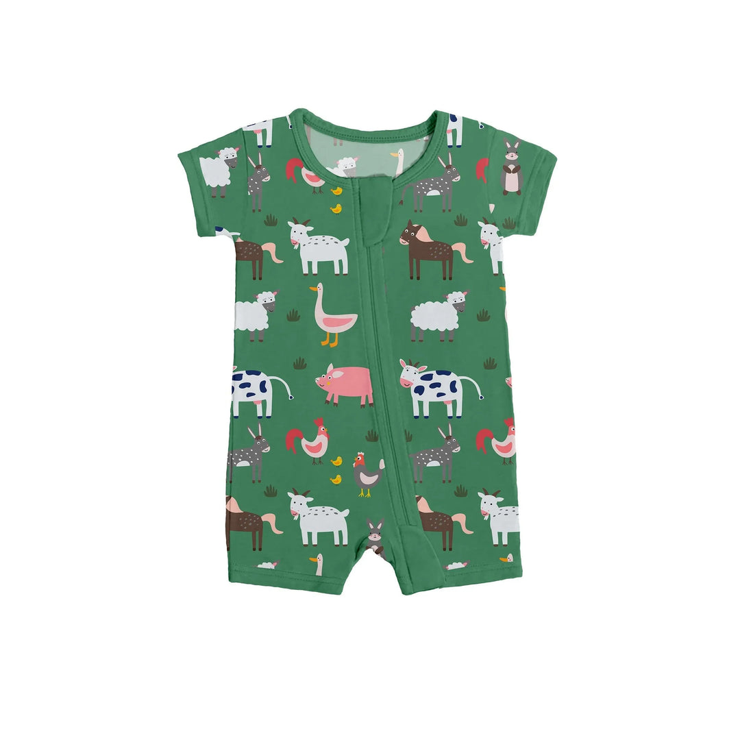 Green Farm Animals Shorty Zippered Romper , Green Farm Animals Shorty Zippered Romper - 0-3M