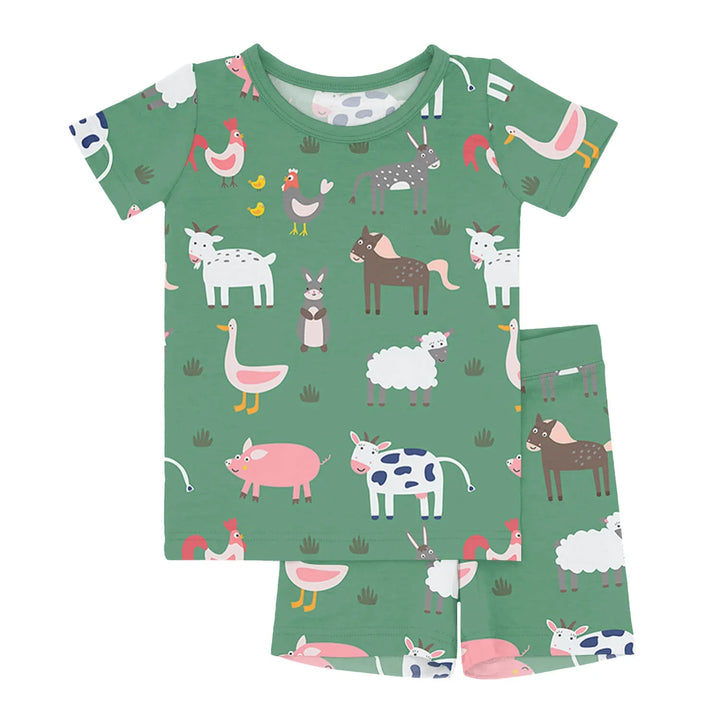 Green Farm Animals Two Piece Short Sleeve Shorts Pajama Set , Green Farm Animals Two Piece Short Sleeve Shorts Pajama Set - 12-18M
