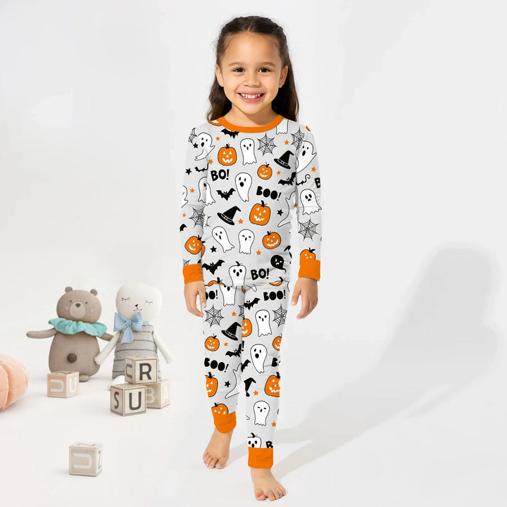 Halloween Boo & Pumpkin Glow In The Dark Two Piece Long Sleeve Pajama Set - Zumbamboo