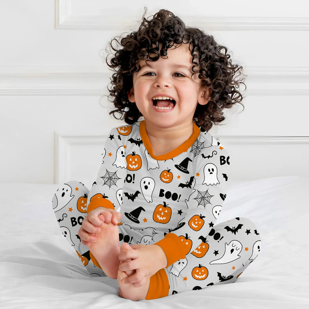 Halloween Boo & Pumpkin Glow In The Dark Two Piece Long Sleeve Pajama Set - Zumbamboo