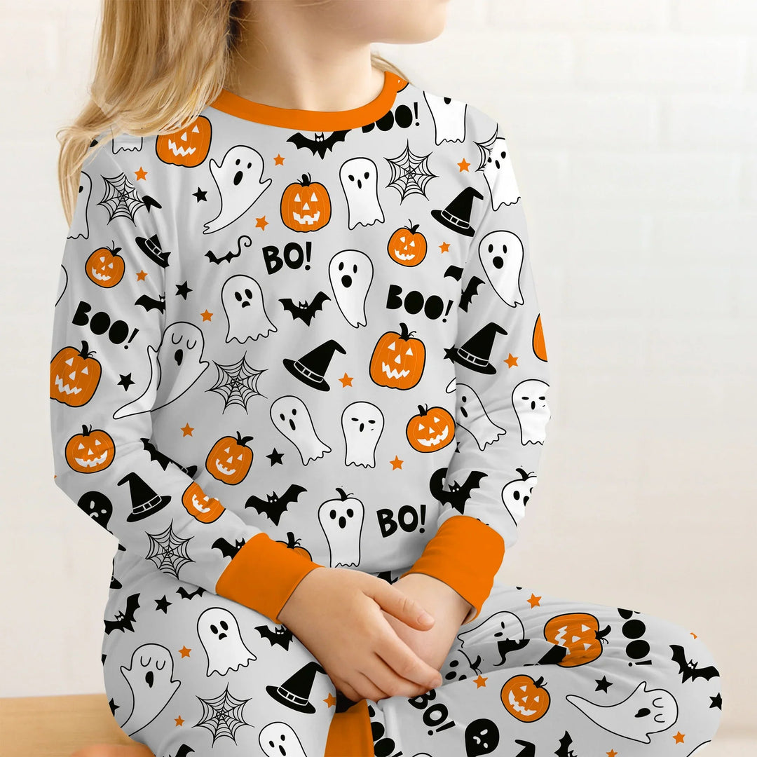 Halloween Boo & Pumpkin Glow In The Dark Two Piece Long Sleeve Pajama Set - Zumbamboo