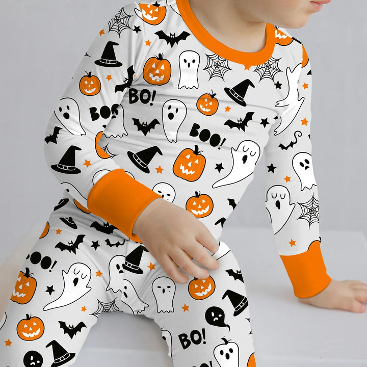 Halloween Boo & Pumpkin Glow In The Dark Two Piece Long Sleeve Pajama Set - Zumbamboo