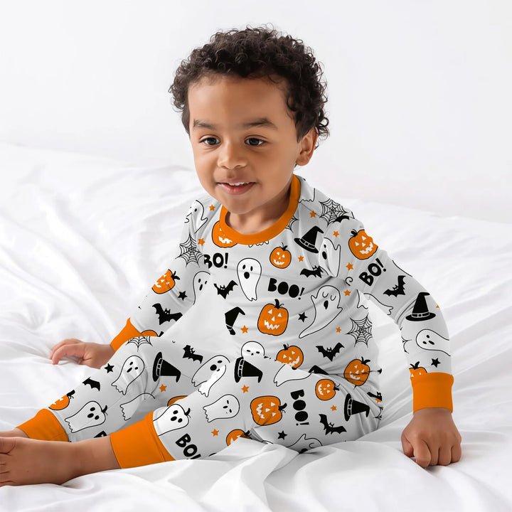Halloween Boo & Pumpkin Glow In The Dark Two Piece Long Sleeve Pajama Set - Zumbamboo