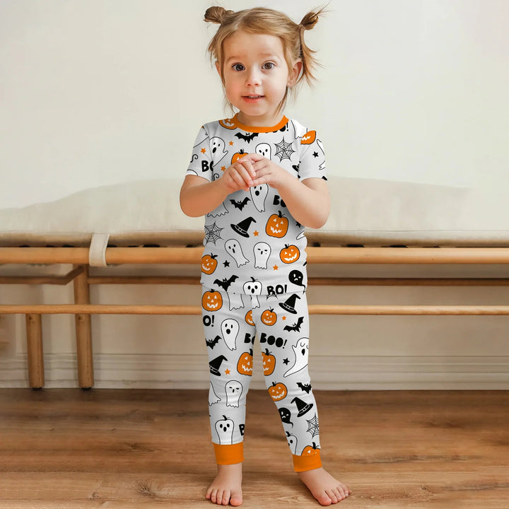 Halloween Boo & Pumpkin Glow In The Dark Two Piece Short Sleeve Pajama Set - Zumbamboo