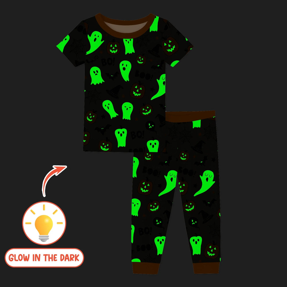 Halloween Boo & Pumpkin Glow In The Dark Two Piece Short Sleeve Pajama Set - Zumbamboo