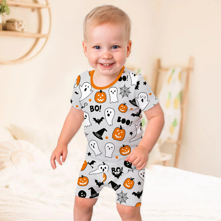 Halloween Boo & Pumpkin Glow In The Dark Two Piece Short Sleeve Shorts Pajama Set - Zumbamboo