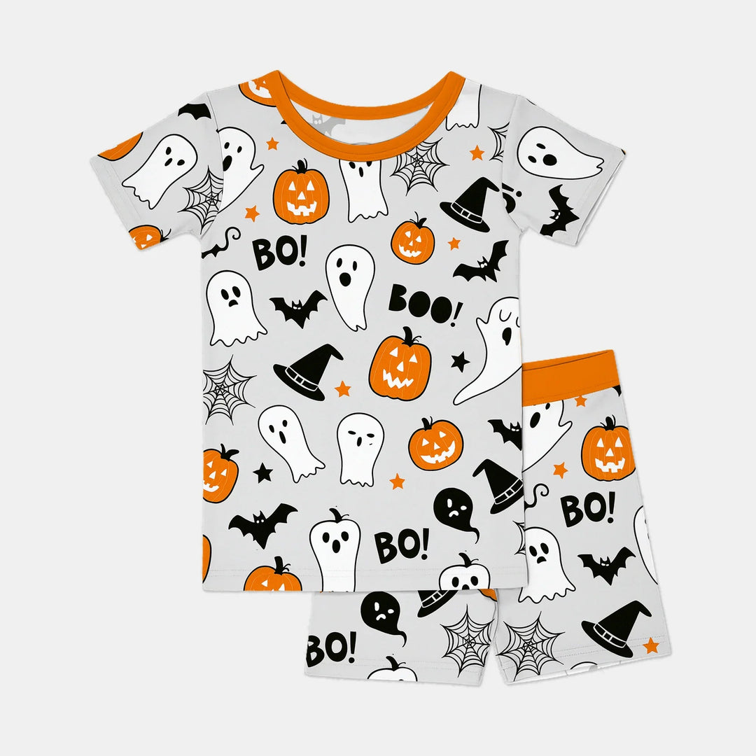 Halloween Boo & Pumpkin Glow In The Dark Two Piece Short Sleeve Shorts Pajama Set - Zumbamboo