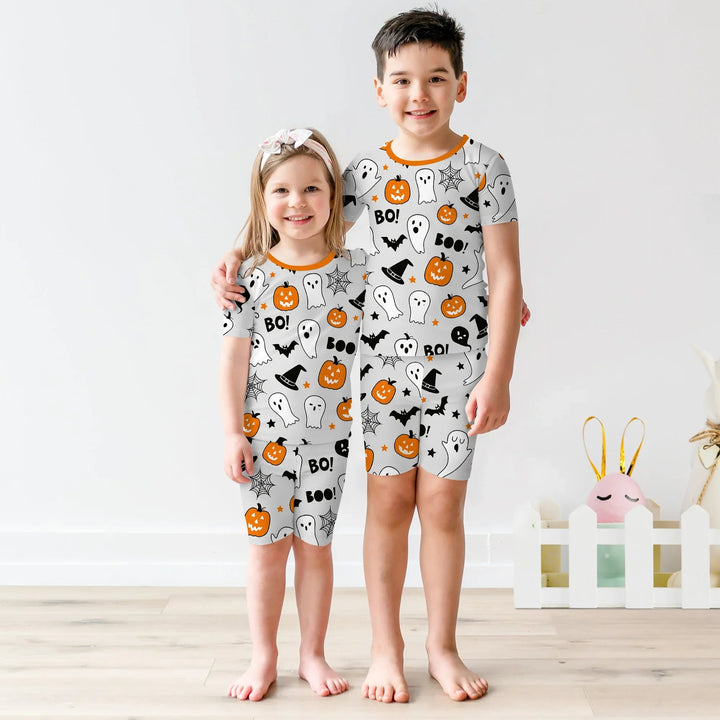 Halloween Boo & Pumpkin Glow In The Dark Two Piece Short Sleeve Shorts Pajama Set - Zumbamboo