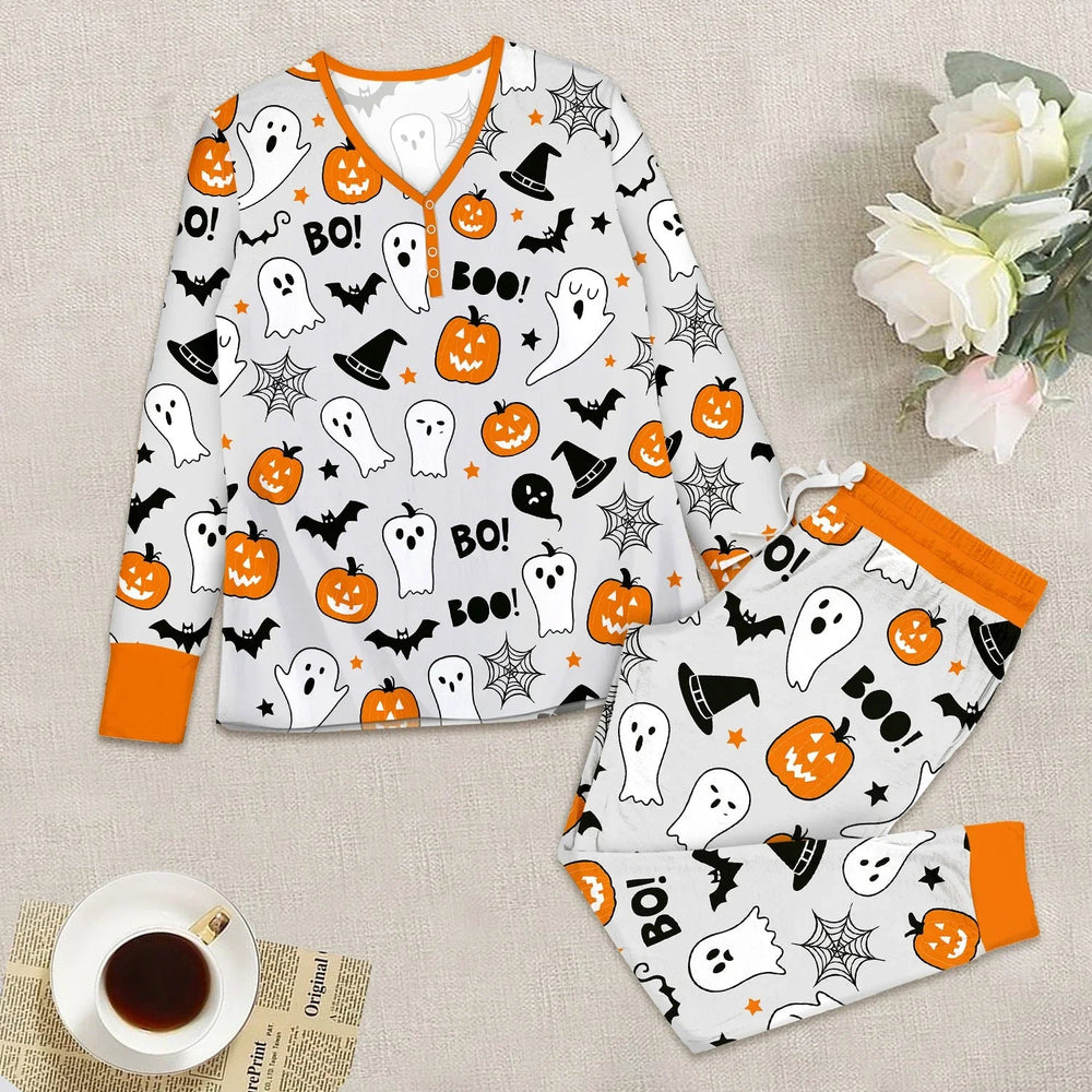 Halloween Boo & Pumpkin Glow In The Dark Women Pajama Set - Zumbamboo