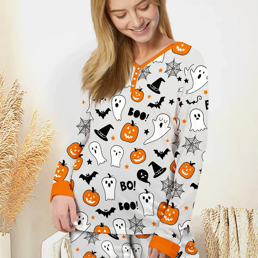 Halloween Boo & Pumpkin Glow In The Dark Women Pajama Set - Zumbamboo