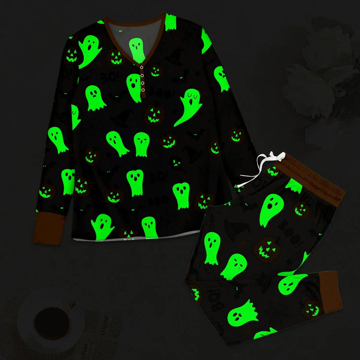 Halloween Boo & Pumpkin Glow In The Dark Women Pajama Set - Zumbamboo
