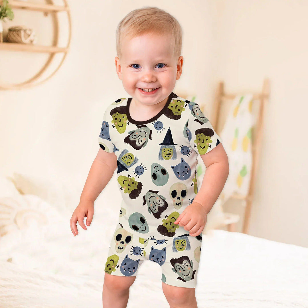 Halloween Face Two Piece Short Sleeve Shorts Pajama Set - Zumbamboo