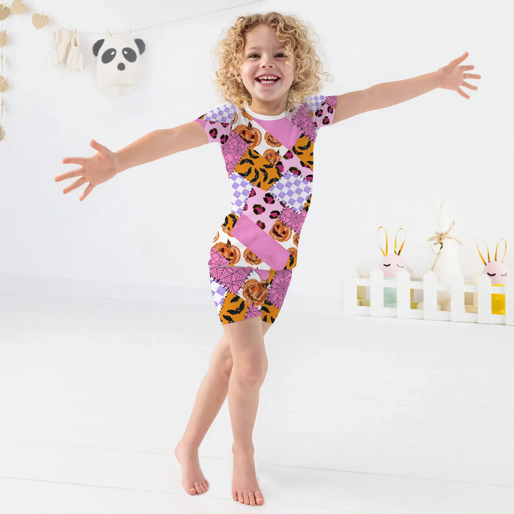 Halloween Patchwork Two Piece Short Sleeve Shorts Pajama Set - Zumbamboo