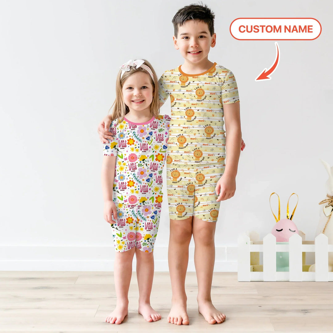 I Am A Child Of God Custom Name Boy Two Piece Short Sleeve Shorts Pajama Set - Zumbamboo