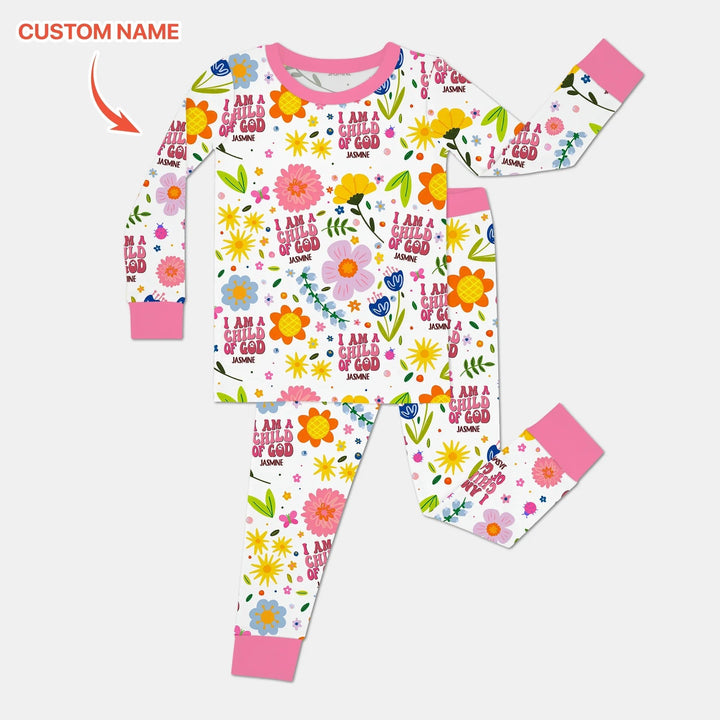 I Am A Child Of God Custom Name Girl Two Piece Long Sleeve Pajama Set - Zumbamboo