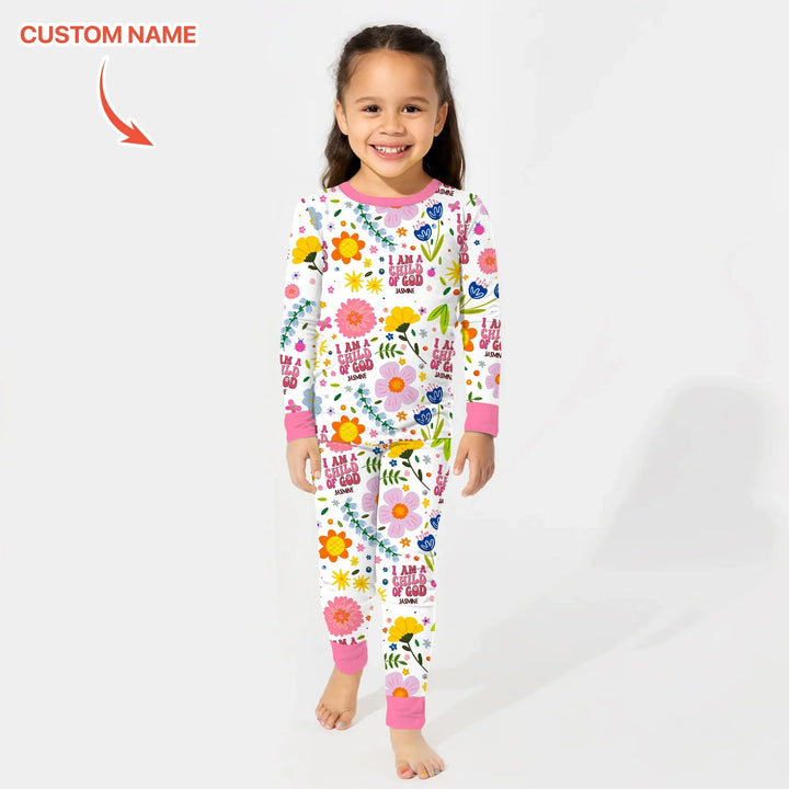 I Am A Child Of God Custom Name Girl Two Piece Long Sleeve Pajama Set - Zumbamboo
