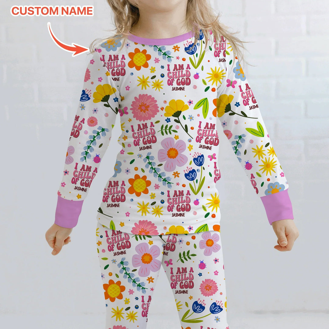 I Am A Child Of God Custom Name Girl Two Piece Long Sleeve Pajama Set - Zumbamboo