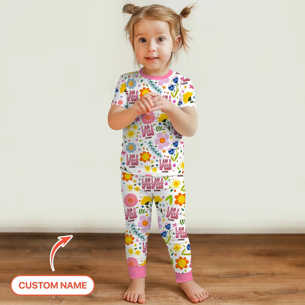 I Am A Child Of God Custom Name Girl Two Piece Short Sleeve Pajama Set - Zumbamboo