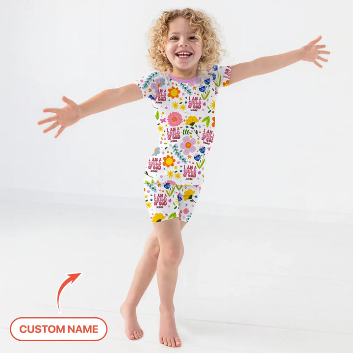 I Am A Child Of God Custom Name Girl Two Piece Short Sleeve Shorts Pajama Set - Zumbamboo