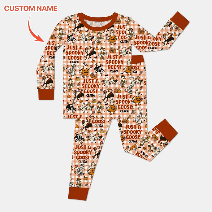Just A Spooky Goose Custom Name Girl Version Long Sleeve Pajama Set - Zumbamboo