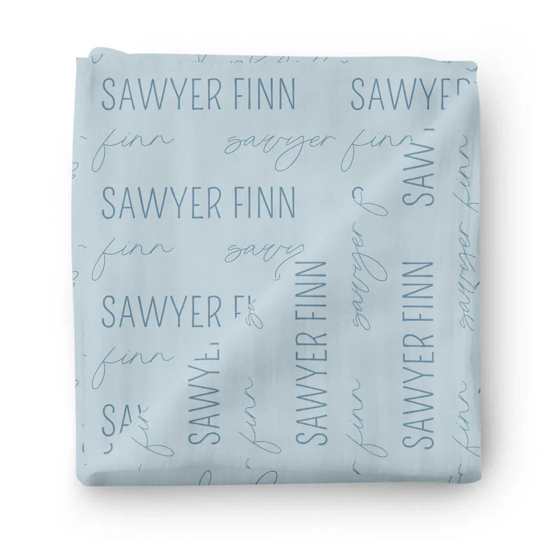 Personalized Baby Name Swaddle Blanket Block & Script , Personalized Baby Name Swaddle Blanket Block & Script - Script / Light Dusty Blue