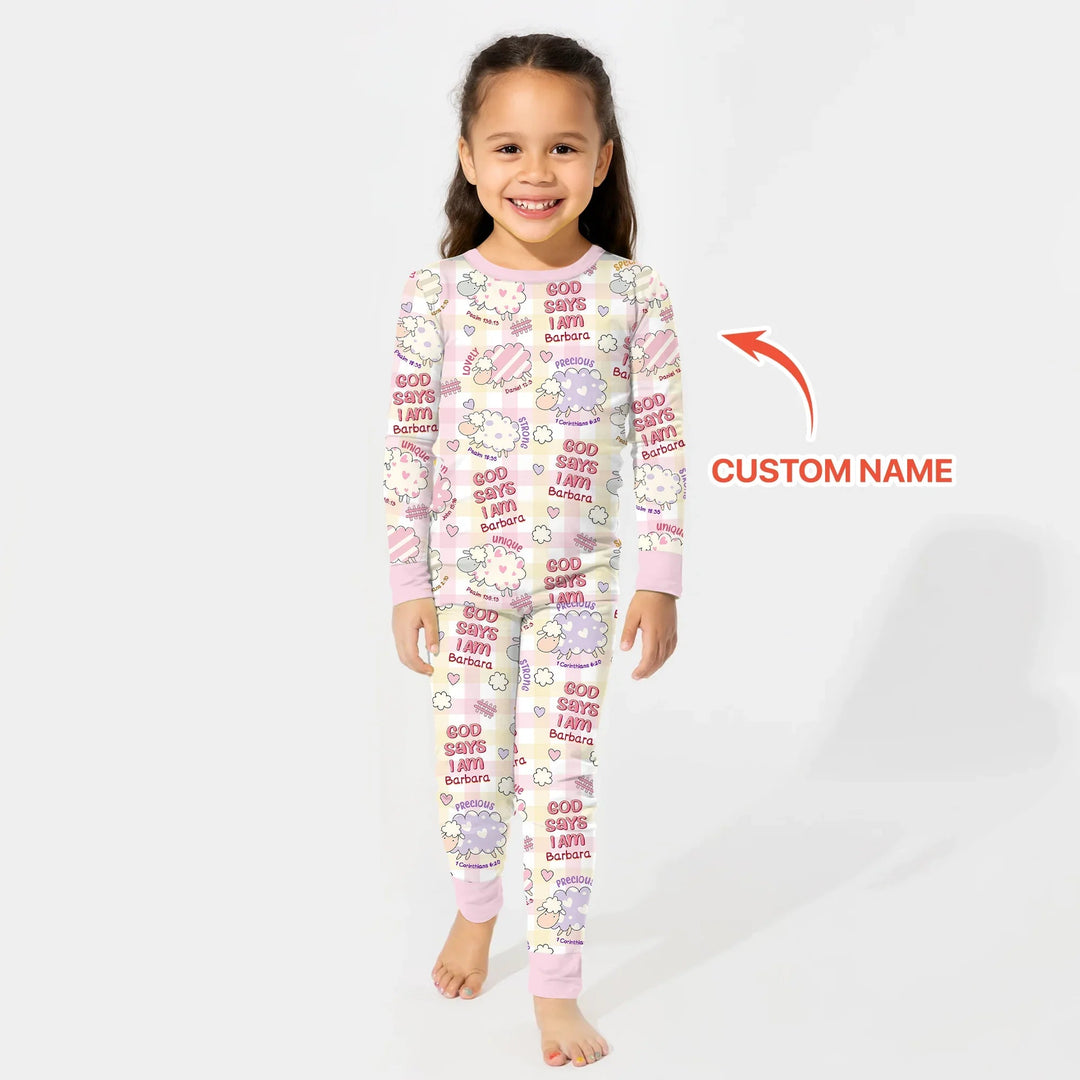 Little Lamb God Says I Am Custom Name Long Sleeve Pajama Set - Zumbamboo
